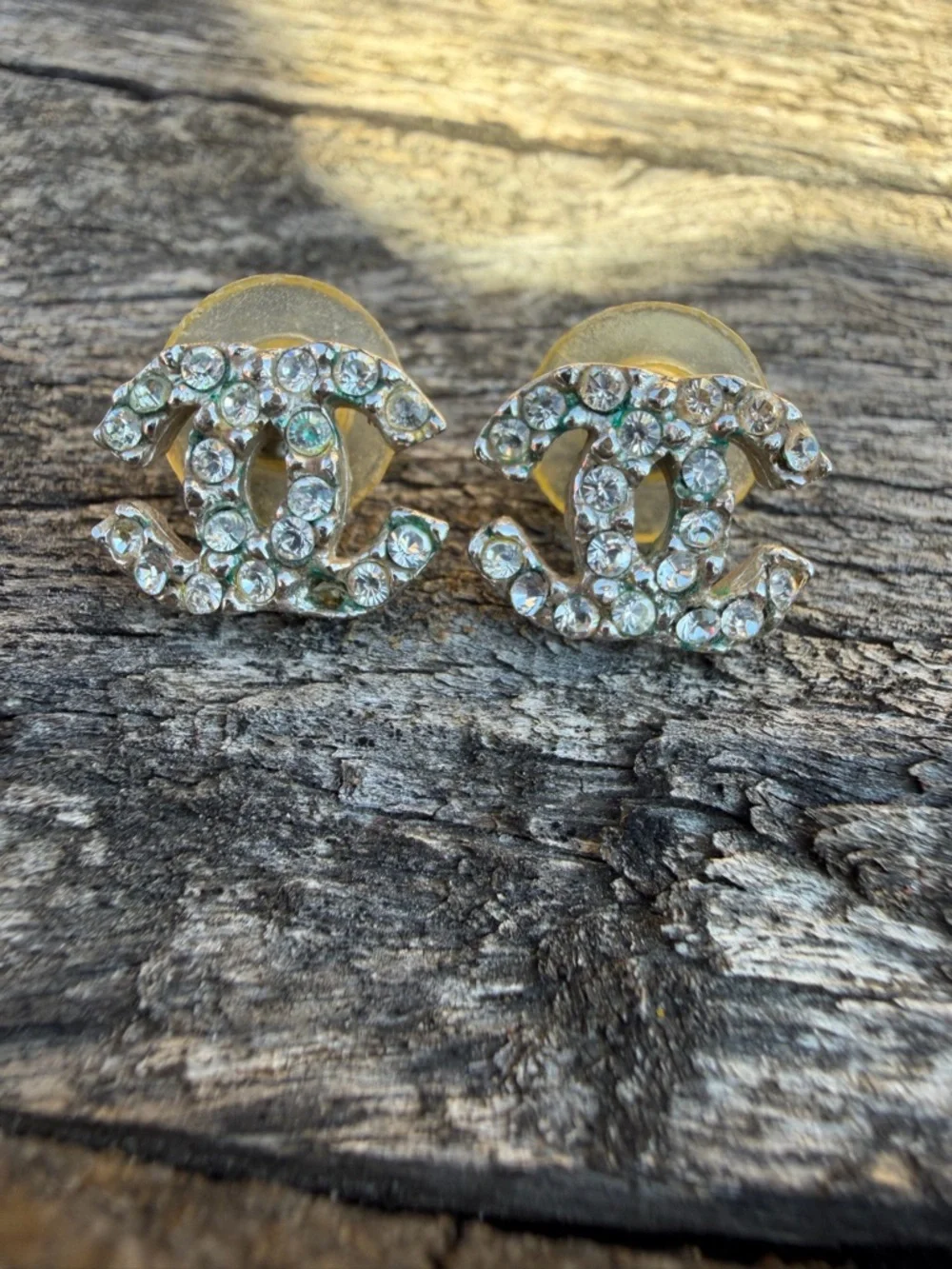 CHANEL Vintage Crystal Double C Stud Earrings - Clear Crystal and Silver Tone - Picture 3 of 10